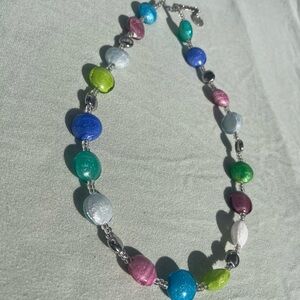 Multicolor Glass Bead Necklace - Vibrant Blue, Green, Pink, Silver